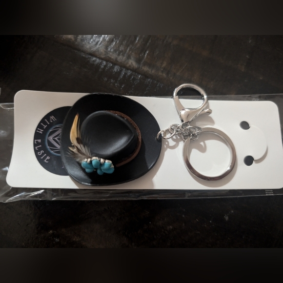 Black Mini Keychain Western Cowboy Hat Black and Turquoise Feather Key Holder - Picture 6 of 9